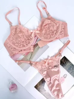 V Neck Bow Floral Lace Underwire Bra Thong Lingerie Set
