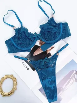 V Neck Bow Floral Lace Underwire Bra Thong Lingerie Set
