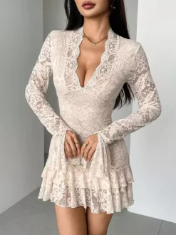V Neck Lace Layered Ruffle Hem Long Sleeve Mini Dress For Women 2026