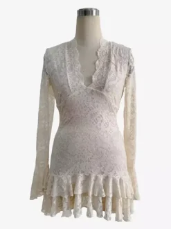 V Neck Lace Layered Ruffle Hem Long Sleeve Mini Dress For Women 2026