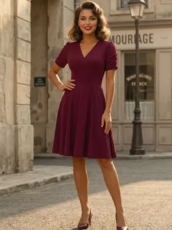 V Neck Ruched Bust Short Sleeve A Line Swing Cocktail Dress For Women 2026