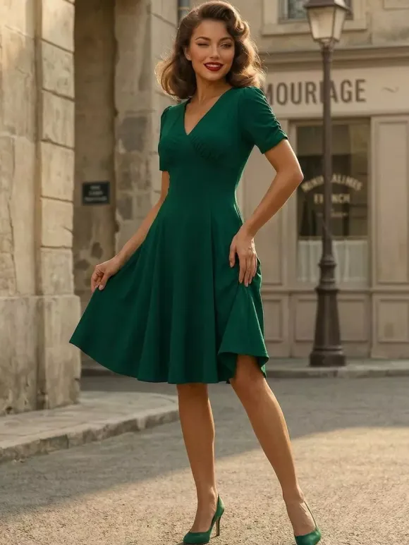 V Neck Ruched Bust Short Sleeve A Line Swing Cocktail Dress For Women 2026