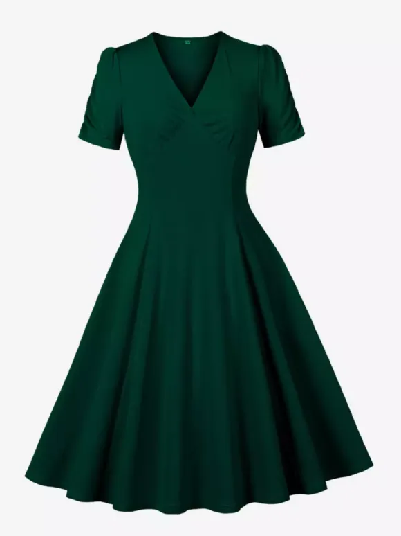 V Neck Ruched Bust Short Sleeve A Line Swing Cocktail Dress For Women 2026