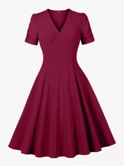 V Neck Ruched Bust Short Sleeve A Line Swing Cocktail Dress For Women 2026