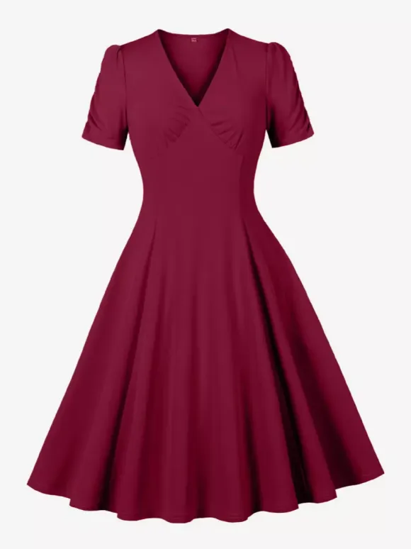 V Neck Ruched Bust Short Sleeve A Line Swing Cocktail Dress For Women 2026
