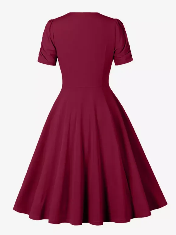 V Neck Ruched Bust Short Sleeve A Line Swing Cocktail Dress For Women 2026