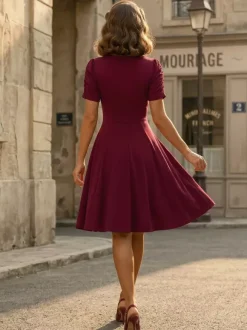 V Neck Ruched Bust Short Sleeve A Line Swing Cocktail Dress For Women 2026