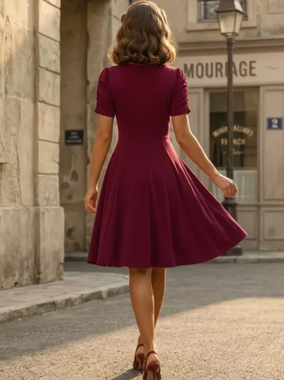 V Neck Ruched Bust Short Sleeve A Line Swing Cocktail Dress For Women 2026