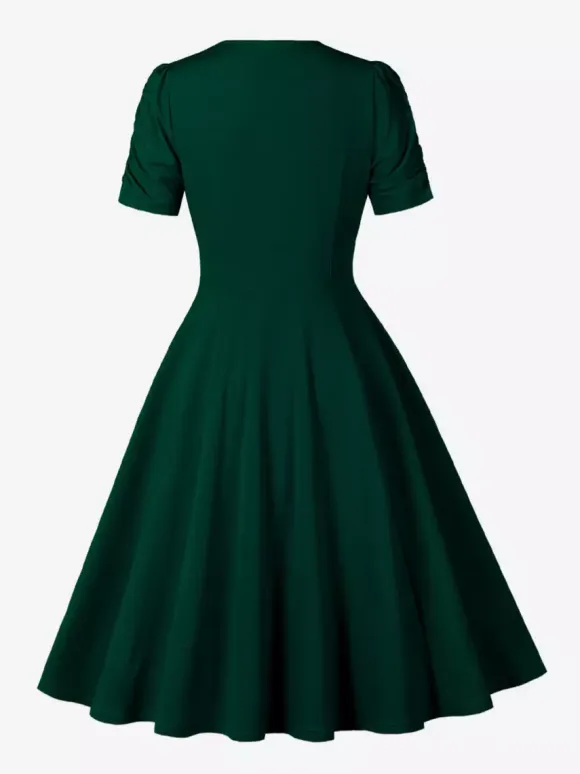 V Neck Ruched Bust Short Sleeve A Line Swing Cocktail Dress For Women 2026