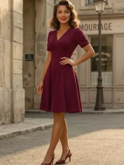V Neck Ruched Bust Short Sleeve A Line Swing Cocktail Dress For Women 2026