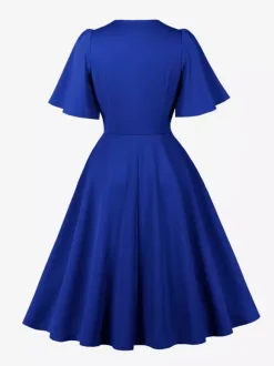 V Neck Ruched Front Button Decor Flutter Sleeve Retro Swing Dress For Women 2026