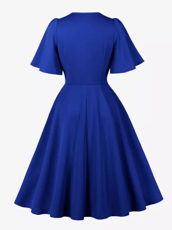 V Neck Ruched Front Button Decor Flutter Sleeve Retro Swing Dress For Women 2026