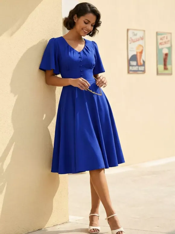 V Neck Ruched Front Button Decor Flutter Sleeve Retro Swing Dress For Women 2026