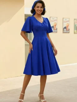 V Neck Ruched Front Button Decor Flutter Sleeve Retro Swing Dress For Women 2026