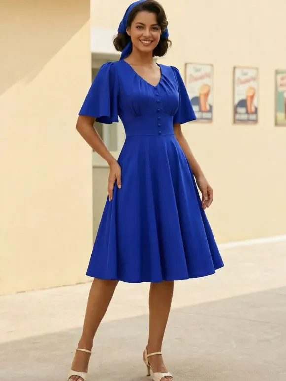 V Neck Ruched Front Button Decor Flutter Sleeve Retro Swing Dress For Women 2026