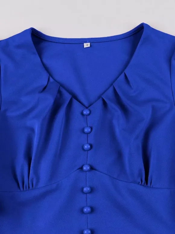 V Neck Ruched Front Button Decor Flutter Sleeve Retro Swing Dress For Women 2026