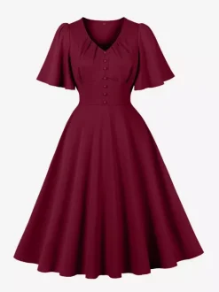 V Neck Ruched Front Button Decor Flutter Sleeve Retro Swing Dress For Women 2026