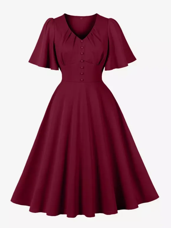 V Neck Ruched Front Button Decor Flutter Sleeve Retro Swing Dress For Women 2026