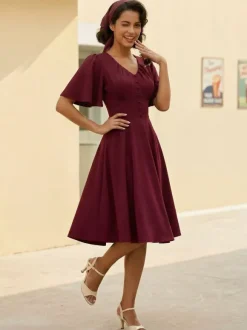 V Neck Ruched Front Button Decor Flutter Sleeve Retro Swing Dress For Women 2026