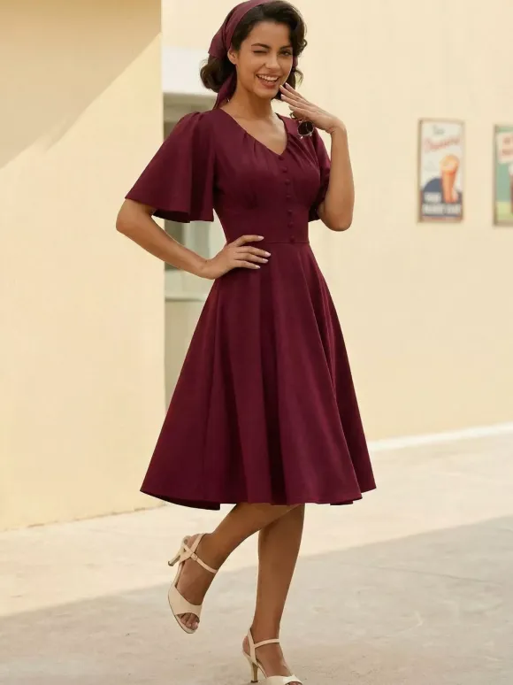 V Neck Ruched Front Button Decor Flutter Sleeve Retro Swing Dress For Women 2026