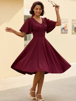 V Neck Ruched Front Button Decor Flutter Sleeve Retro Swing Dress For Women 2026