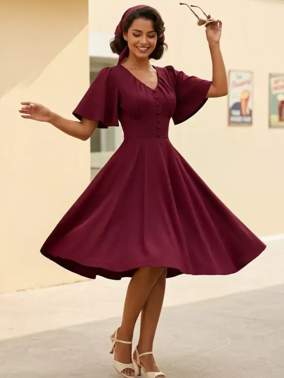 V Neck Ruched Front Button Decor Flutter Sleeve Retro Swing Dress For Women 2026