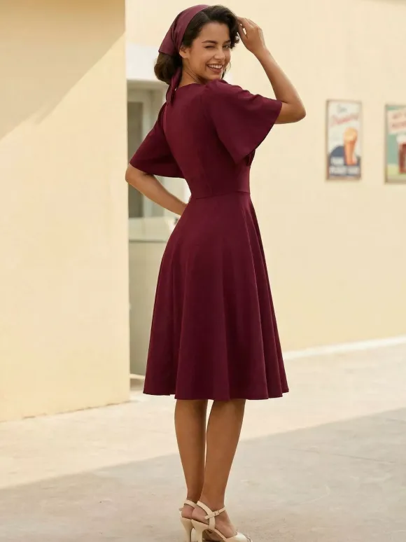 V Neck Ruched Front Button Decor Flutter Sleeve Retro Swing Dress For Women 2026