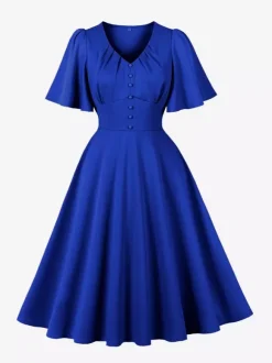 V Neck Ruched Front Button Decor Flutter Sleeve Retro Swing Dress For Women 2026