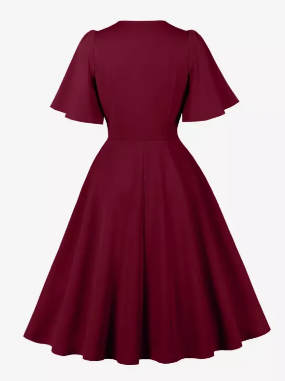 V Neck Ruched Front Button Decor Flutter Sleeve Retro Swing Dress For Women 2026