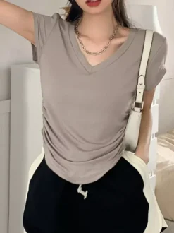 V Neck Side Ruched Slim Fit Short Sleeve T-Shirt Curved Hem Cropped Tee Basic Top