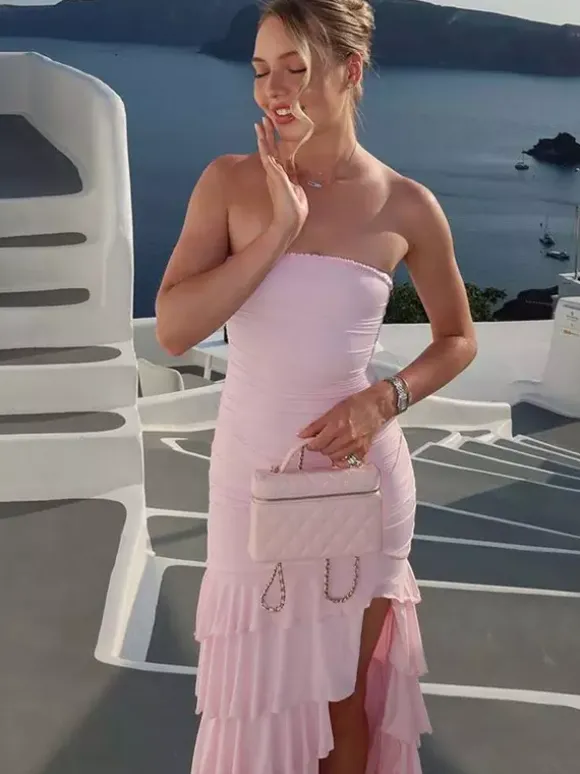 Vacation Dress Strapless Ruched Ruffle Slit Midi Bodycon Dress Beach Resort Sundress