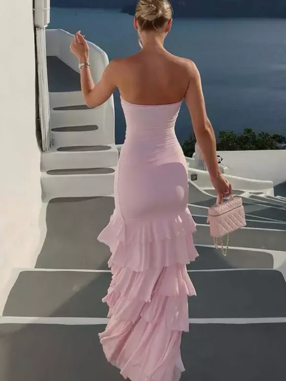 Vacation Dress Strapless Ruched Ruffle Slit Midi Bodycon Dress Beach Resort Sundress