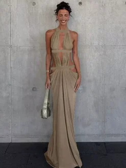 Vacation Dresses Khaki Halter Cutout Maxi Dress Strappy Backless Ruched Side Slit Bodycon Evening Party Gown