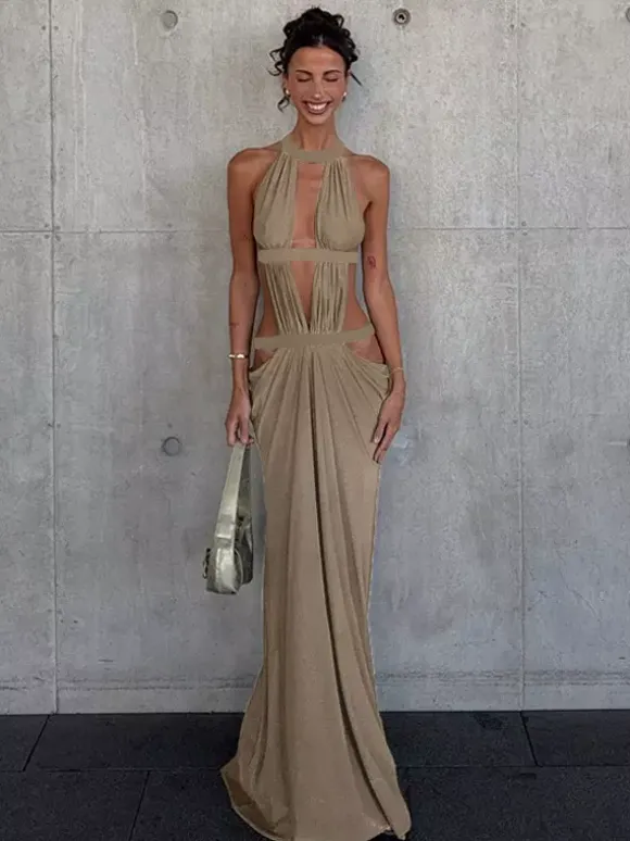 Vacation Dresses Khaki Halter Cutout Maxi Dress Strappy Backless Ruched Side Slit Bodycon Evening Party Gown