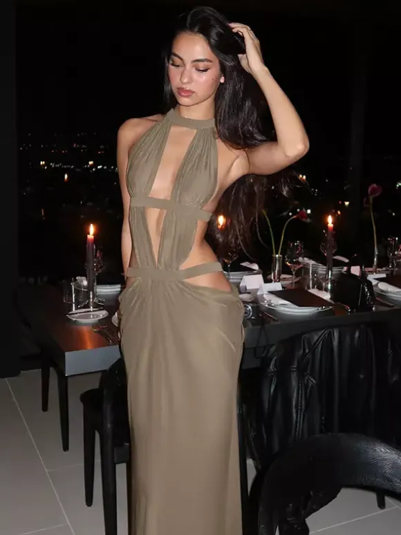 Vacation Dresses Khaki Halter Cutout Maxi Dress Strappy Backless Ruched Side Slit Bodycon Evening Party Gown