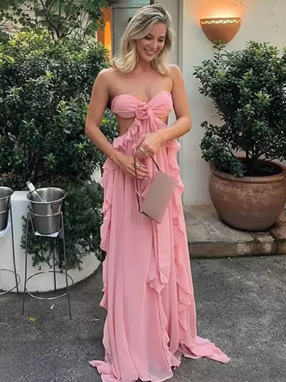 Vacation Dresses Maxi Lace Up Sleeveless Off-The-Shoulder Chic Pink Summer Dress