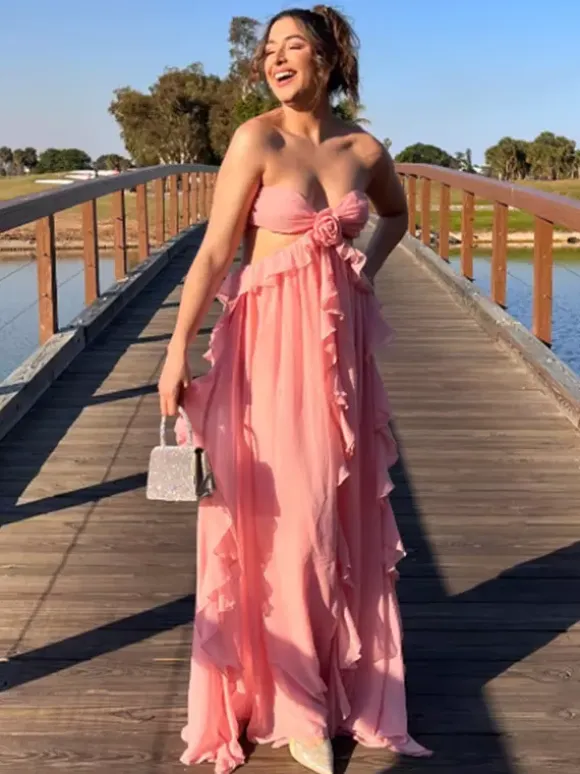 Vacation Dresses Maxi Lace Up Sleeveless Off-The-Shoulder Chic Pink Summer Dress