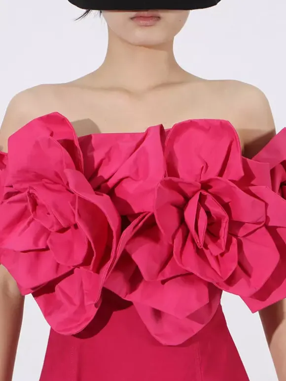 Vacation Dresses Midi Flowers Sleeveless Off-The-Shoulder Chic High Rise Red Dress