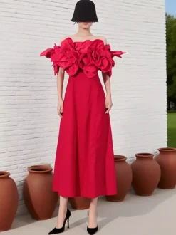 Vacation Dresses Midi Flowers Sleeveless Off-The-Shoulder Chic High Rise Red Dress