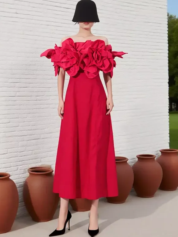 Vacation Dresses Midi Flowers Sleeveless Off-The-Shoulder Chic High Rise Red Dress