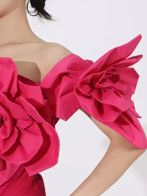 Vacation Dresses Midi Flowers Sleeveless Off-The-Shoulder Chic High Rise Red Dress
