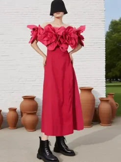 Vacation Dresses Midi Flowers Sleeveless Off-The-Shoulder Chic High Rise Red Dress