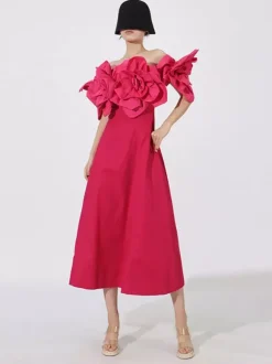 Vacation Dresses Midi Flowers Sleeveless Off-The-Shoulder Chic High Rise Red Dress
