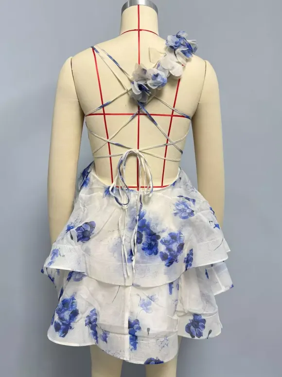 Vacation Dresses Mini Backless Flowers Lace Up Sleeveless Floral Print V-Neck Casual Pink Dress