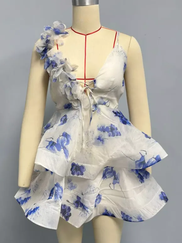 Vacation Dresses Mini Backless Flowers Lace Up Sleeveless Floral Print V-Neck Casual Pink Dress