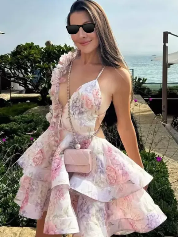 Vacation Dresses Mini Backless Flowers Lace Up Sleeveless Floral Print V-Neck Casual Pink Dress