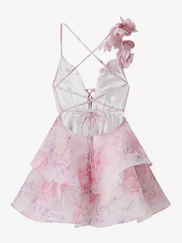 Vacation Dresses Mini Backless Flowers Lace Up Sleeveless Floral Print V-Neck Casual Pink Dress
