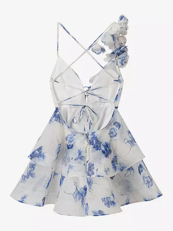 Vacation Dresses Mini Backless Flowers Lace Up Sleeveless Floral Print V-Neck Casual Pink Dress
