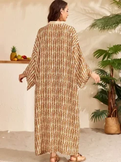 Vacation Dresses Oversized Long Sleeves Printed Casual Rose Dress