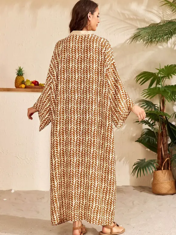 Vacation Dresses Oversized Long Sleeves Printed Casual Rose Dress